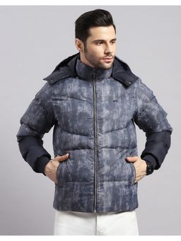 Monte Carlo - Men Regular Hooded Charcoal Self Design Puffer Jacket