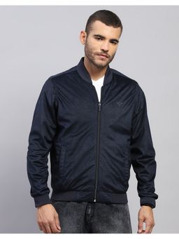 Monte Carlo - Men Regular High Neck Navy Blue Self Design Jacket