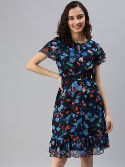 SHOWOFF - Women's Knee Length Floral Blue Tie-up Neck Fit And Flare Dress