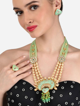 Zaveri Pearls - Green Meenakari Long Beaded Bridal Necklace Earring and Ring -ZPFK12210 (Set of 3)