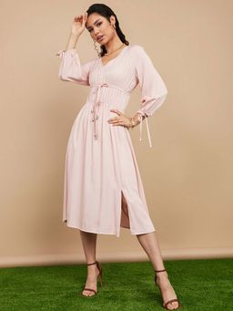 Styli - Pink Tie Cuff Sleeves Ruched Front Detail A-line Midi Dress