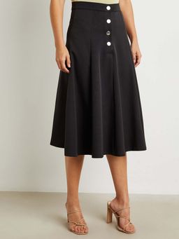 Styli - Black Snap Button Closure Pleated A-line Midi Skirt