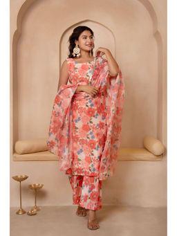 POMCHA - Dhoop Chaav Peach Floral Muslin Kurta with Pant and Dupatta (Set of 3)