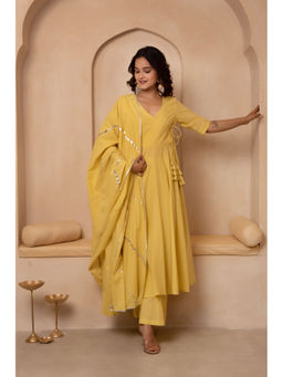 POMCHA - Dhoop Chaav Mira Dusty Yellow Cotton Angrakha with Palazzo and Dupatta (Set of 3)
