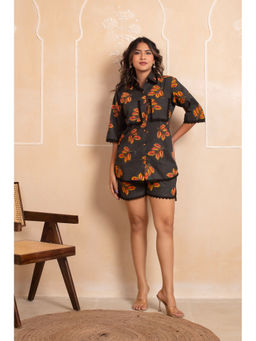 POMCHA - Dhoop Chaav Black Cotton Hand Block Embroidery Coord (Set of 2)