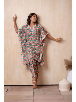 POMCHA - Dhoop Chaav Orange Phool Cotton Kaftan with Pant (Set of 2)