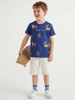 United Colors of Benetton - Blue Printed Regular Fit T-Shirt