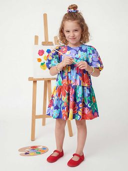United Colors of Benetton - Regular Fit Round Neck Floral Slub Tiered Dress Multi-Color
