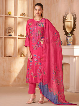 SPRAHA - Akansha Dark Pink Muslin Unstitched Kurta with Bottom and Dupatta (Set of 3)