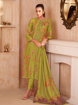 SPRAHA - Akansha Green Muslin Unstitched Kurta with Bottom and Dupatta (Set of 3)