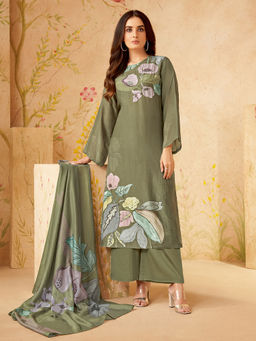 SPRAHA - Amira Green Muslin Unstitched Kurta with Bottom and Dupatta (Set of 3)