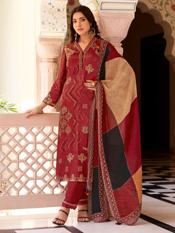 SPRAHA - Arzu Red Gazi Unstitched Kurta with Bottom and Dupatta (Set of 3)