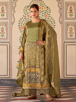 SPRAHA - Darbari Green Gazi Unstitched Kurta with Bottom and Dupatta (Set of 3)