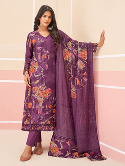 SPRAHA - Falguni Purple Muslin Unstitched Kurta with Bottom and Dupatta (Set of 3)