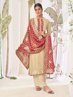 SPRAHA - Geetanjali Beige Fancy Jacquard Unstitched Kurta with Bottom and Dupatta (Set of 3)