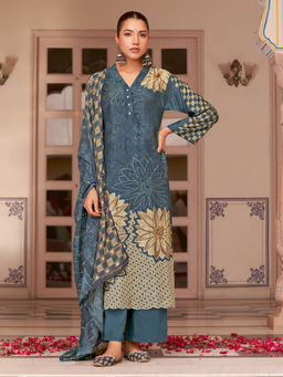 SPRAHA - Hansika Grey Muslin Unstitched Kurta with Bottom and Dupatta (Set of 3)