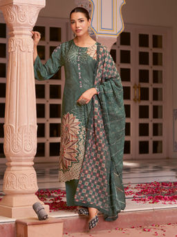 SPRAHA - Hansika Rama Green Muslin Unstitched Kurta with Bottom and Dupatta (Set of 3)