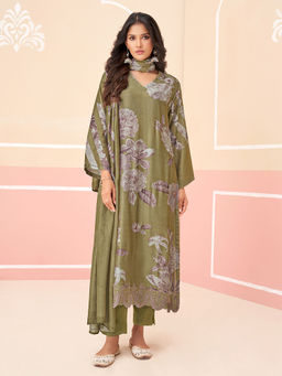 SPRAHA - Ishani Metallic Green Muslin Unstitched Kurta with Bottom and Dupatta (Set of 3)