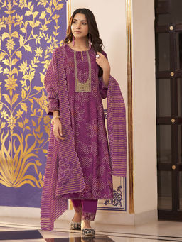 SPRAHA - Megha Purple Muslin Unstitched Kurta with Bottom and Dupatta (Set of 3)
