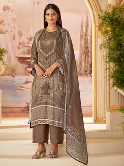 SPRAHA - Nadira Brown Gazi Unstitched Kurta with Bottom and Dupatta (Set of 3)