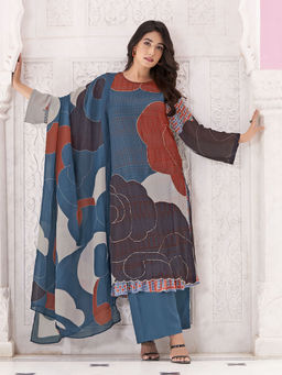 SPRAHA - Rihala Teal Unstitched Kurta with Bottom and Dupatta (Set of 3)