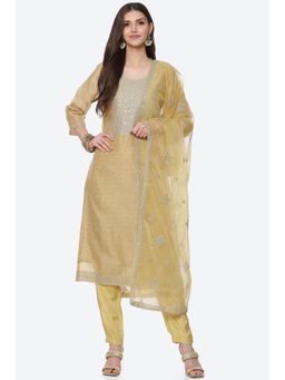 Biba - Mustard Chanderi Unstitched Suit (Set of 3)