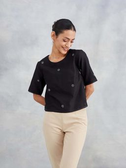 Fabindia - Black Button Fly Half Sleeves Crop Top