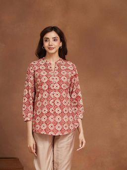 Fabindia - Red Button Fly Three Fourth Sleeves Tunic