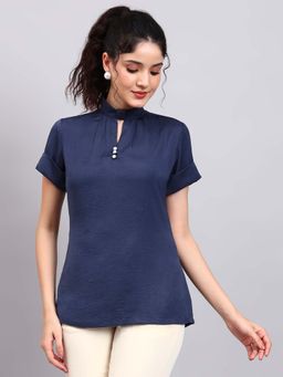 Powersutra - Navy Blue Button Fly Half Sleeves Top