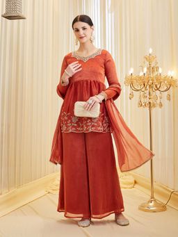 MOKOSH - Rust Round Neck Embroidered Kurti Palazzo & Dupatta