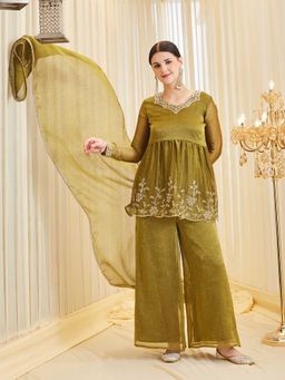 MOKOSH - Olive Round Neck Embroidered Kurti Palazzo & Dupatta