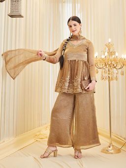 MOKOSH - Gold Round Neck Embroidered Kurti Palazzo & Dupatta