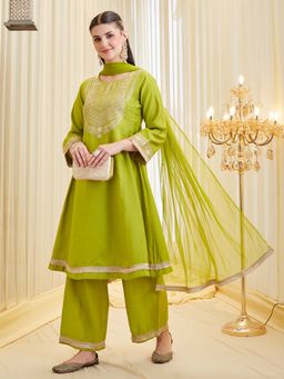 MOKOSH - Green Round Neck Embroidered Anarkali Kurta Palazzo & Dupatta