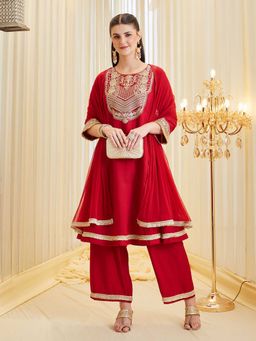 MOKOSH - Red Round Neck Embroidered Anarkali Kurta Palazzo & Dupatta