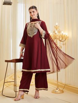 MOKOSH - Brown Round Neck Embroidered Anarkali Kurta Palazzo & Dupatta