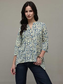 Libas - Beige Mandarin Neck Printed Tunic