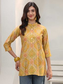 Libas - Mustard Mandarin Neck Printed Tunic