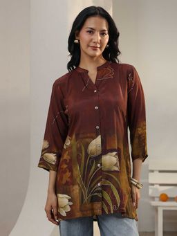 Libas - Brown Mandarin Neck Floral Shirt