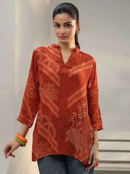 Libas - Orange Mandarin Neck Printed Tunic