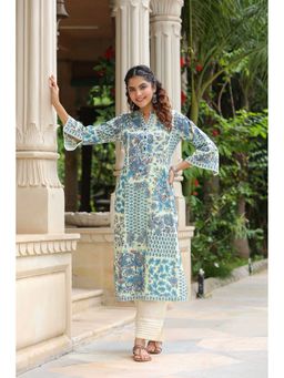 Rain & Rainbow - Blue Mandarin Neck Floral Kurta