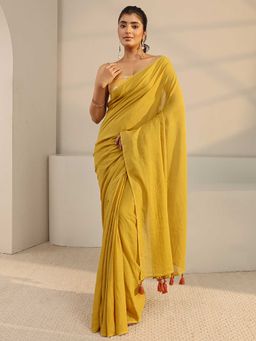 Libas - Mustard Solid/Plain Tassels Saree with Unstitched Blouse