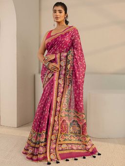 Libas - Pink Printed Tassels Saree with Unstitched Blouse