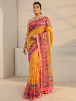 Libas - Mustard Printed Tassels Saree with Unstitched Blouse