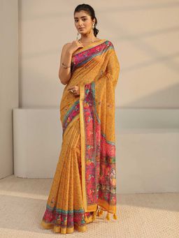 Libas - Mustard Printed Tassels Saree with Unstitched Blouse