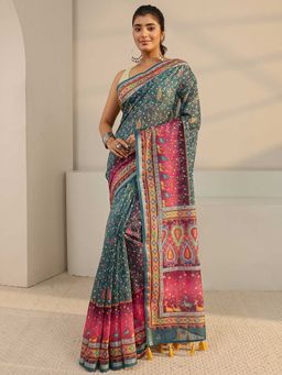 Libas - Green Printed Tassels Saree with Unstitched Blouse