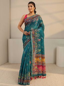 Libas - Green Printed Tassels Saree with Unstitched Blouse