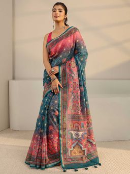 Libas - Green Printed Tassels Saree with Unstitched Blouse
