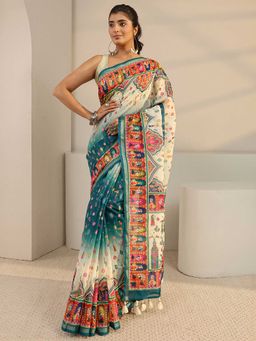 Libas - Green Printed Tassels Saree with Unstitched Blouse
