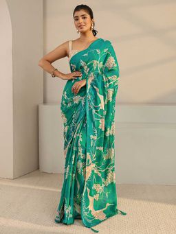 Libas - Green Printed Tassels Saree with Unstitched Blouse