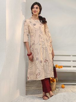 Libas - Beige Round Neck Printed Kurta